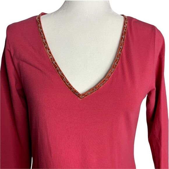 Moda International Beaded Knit Top M Pink 3/4 Sleeve V Neck Stretch Velvet Trim - Picture 2 of 7